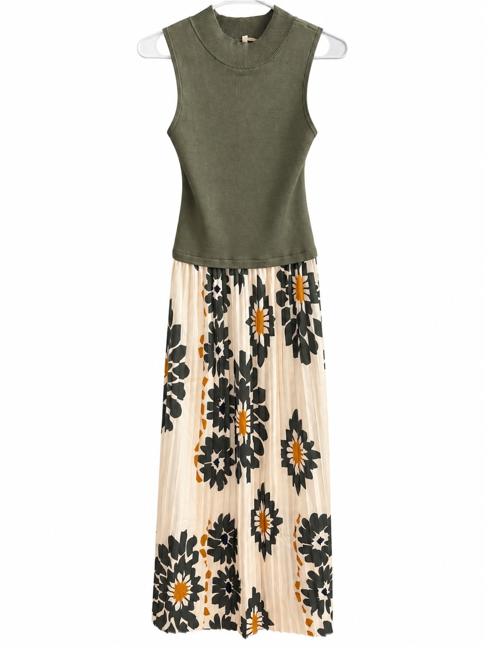 Skies Are Blue Olive Knit Top with Cream Floral Pleated Maxi Dress